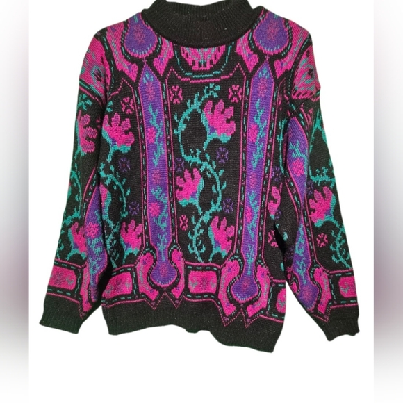 Koret Vintage Black Sweater with Pink and Green Patterns EUC PTP 21 - Picture 1 of 3